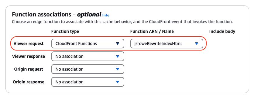 AWS CloudFront function association showing viewer request trigger