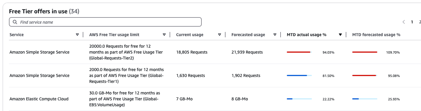AWS Free Tier services usage breakdown