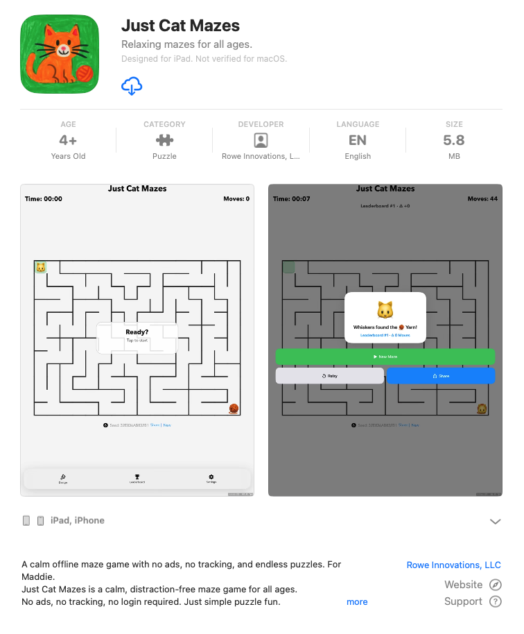 Just Cat Mazes App Store listing